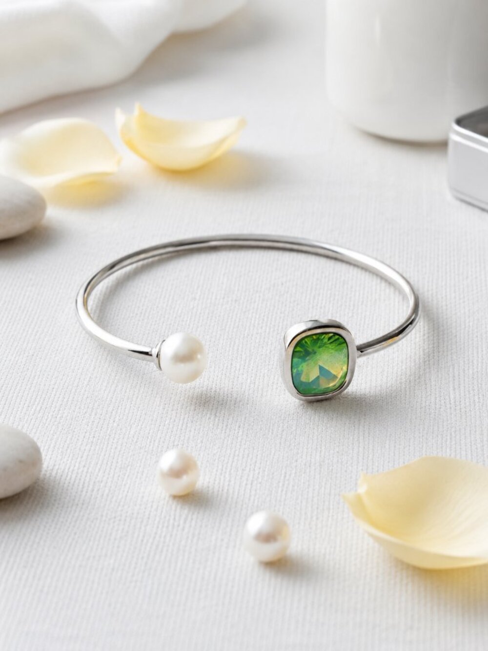 Green Crystal Pearl 18K White Gold Plated Stainless Steel Cuff Bracelet Set - Picture 3 of 13